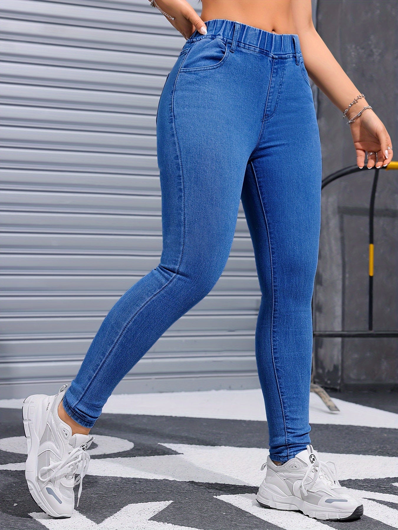 Women's High Stretch Skinny Jeans, Casual Solid Color Washed Denim, with Polyester and Elastane Blend, for All-Season Wear