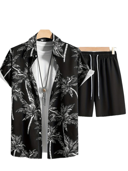 Coconut Tree Print, Men's 2Pcs Outfits, Casual Camp Collar Lapel Button Up Short Sleeve Shirts Hawaii Shirt And Drawstring Shorts Set For Summer, Men's Clothing