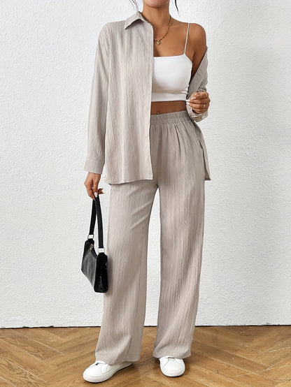 2pcs Women's Spring Autumn Casual Solid Color Long Sleeve Shirt and Pants Set