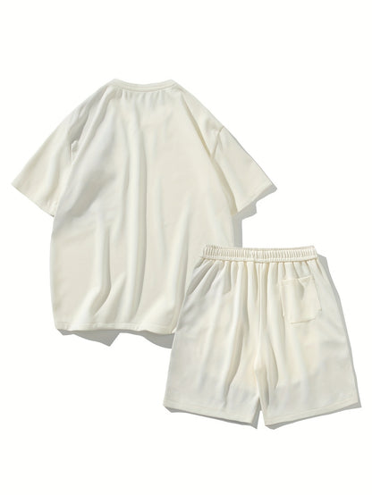 2pcs Men's Summer Casual Outdoor Set, Fashion Ethnic Style Round Neck Short Sleeve T-Shirt and Shorts Suit with Embroidery Design Loose Fit, Short Sleeve + Drawstring Shorts Combo, Suitable for Summer Outdoor Activities