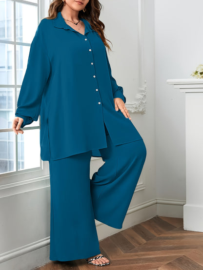 Elegant Plus Size Women'S Two-Piece Set: Stylish V-Neck Blouse & Wide Leg Pants - Perfect for Formal Occasions, Plus Size Blouses