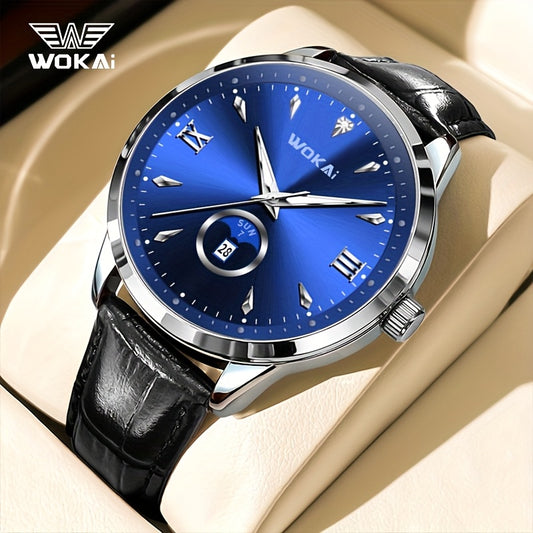 WOKAI Men's Sporty Watch with Glowing Dial, World Time & Date, Round Plastic Case, Faux Leather Strap, Battery-Powered, Perfect Gift for Spring & Summer