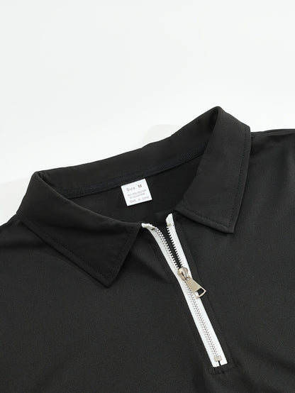 Men'S Casual 2pcs Set Knitted: Zipper Short Sleeve Shirt and Drawstring Pants - Black, Polyester, Suitable for Spring/Summer Casual Wea