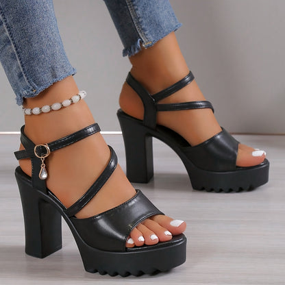 Women'S Summer Fashion Chunky Heel Sandals - White Open Toe with Buckle Strap, Comfortable PU Sole, Stylish High Heel Sandals for Casual Wear, Chunky Heel Sandals