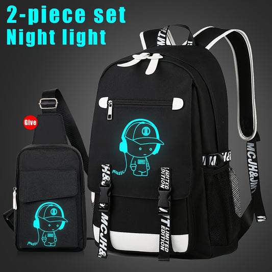 2pcs/set Luminous Men's Backpacks, Casual College Backpacks, Simple Cool Large Capacity Backpacks, Travel Computer Bag
