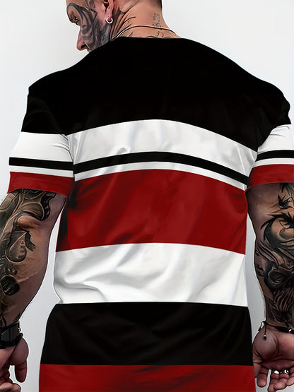 Men's 3D Digital Print Short Sleeve T-Shirt - Bold Striped Color Block Design, Breathable Round Neck, Lightweight All-Season Casual Tee, Machine Washable, Everyday Outfit, Modern Fashion, Durable Tee, Printed Shirt, Streetwea