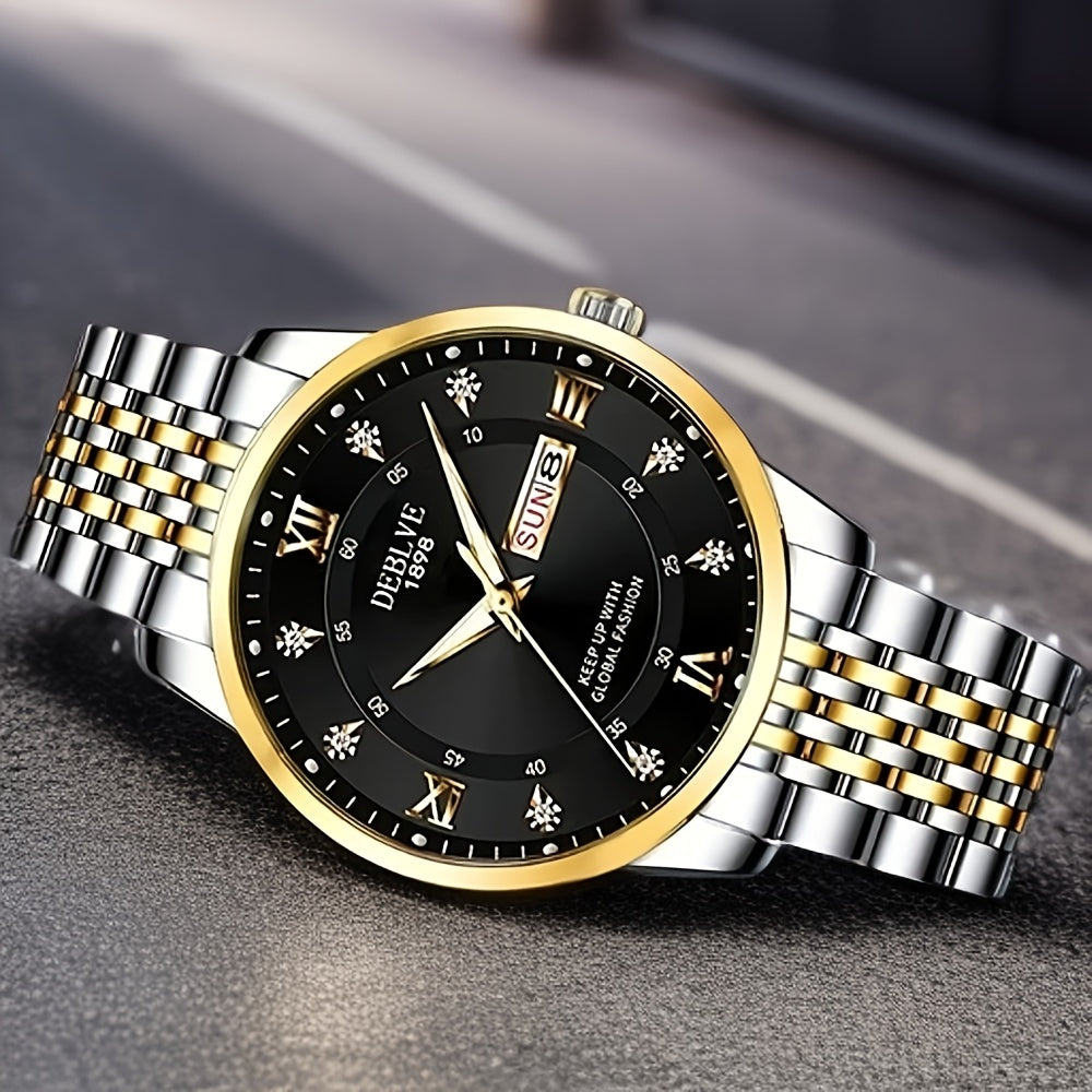 Elegant Men'S Stainless Steel Quartz Watch with Luminous Hands, Date Display & Week Indicator - Classic Design, Non-Waterproof, Battery Powered - Ideal Gift for Christmas, Halloween, Campus Related Events, Everyday Watch|Clas