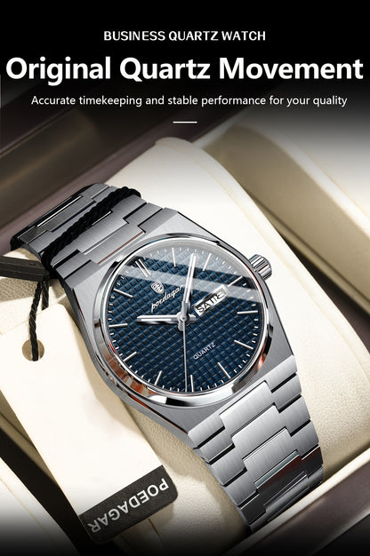POEDAGAR Elegant Women'S Quartz Watch, Luminous Calendar, Stainless Steel Band, Round Alloy Case, Fashionable Night-Glowing Dial with Blue & Orange Accents