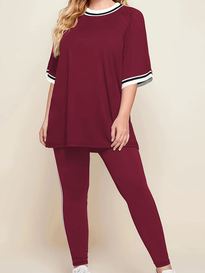 Women'S Plus Size Casual Lounge Set - Gray & White Striped Oversized T-Shirt with Matching Joggers, Comfortable All-Season Home Outfit, Joggers for Women