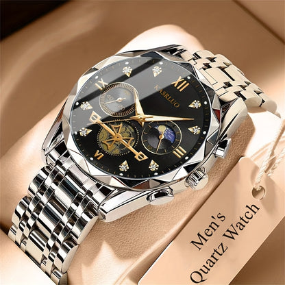 1pc Men'S Stainless Steel Quartz Watch with IPX7, Luminous Display, Rhinestone Accents, Scratch-Resistant Dial, Date Window & Chronograph Function - Stylish Casual Timepiece for Casual Attire, Everyday Timepiece | Luminous Wa