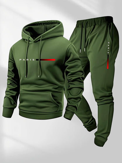 Men's Hoodie and Drawstring Sweatpants Set with PARIS Letter Print