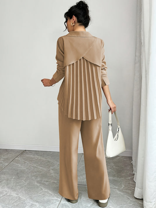 Women's Solid Color Pleated Long Sleeve Shirt + Pants Set for Spring and Autumn