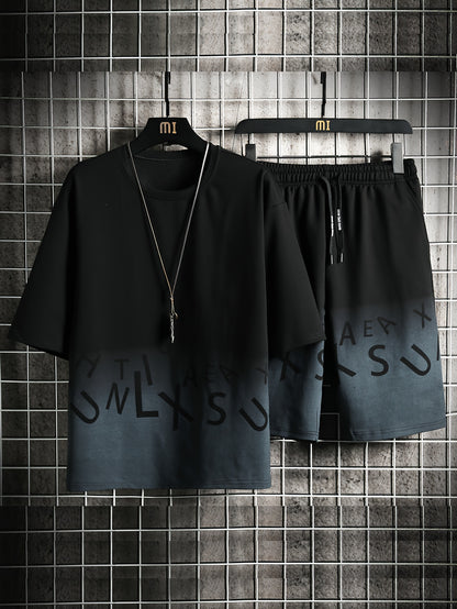 2-piece Men's Stylish Gradient Summer Outfit Set, Men's Short Sleeve Cotton Blend T-shirt & Drawstring Shorts Set