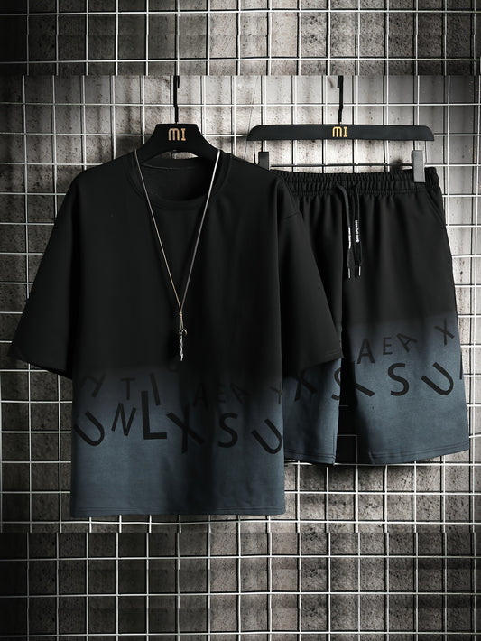 2-piece Men's Stylish Gradient Summer Outfit Set, Men's Short Sleeve Cotton Blend T-shirt & Drawstring Shorts Set