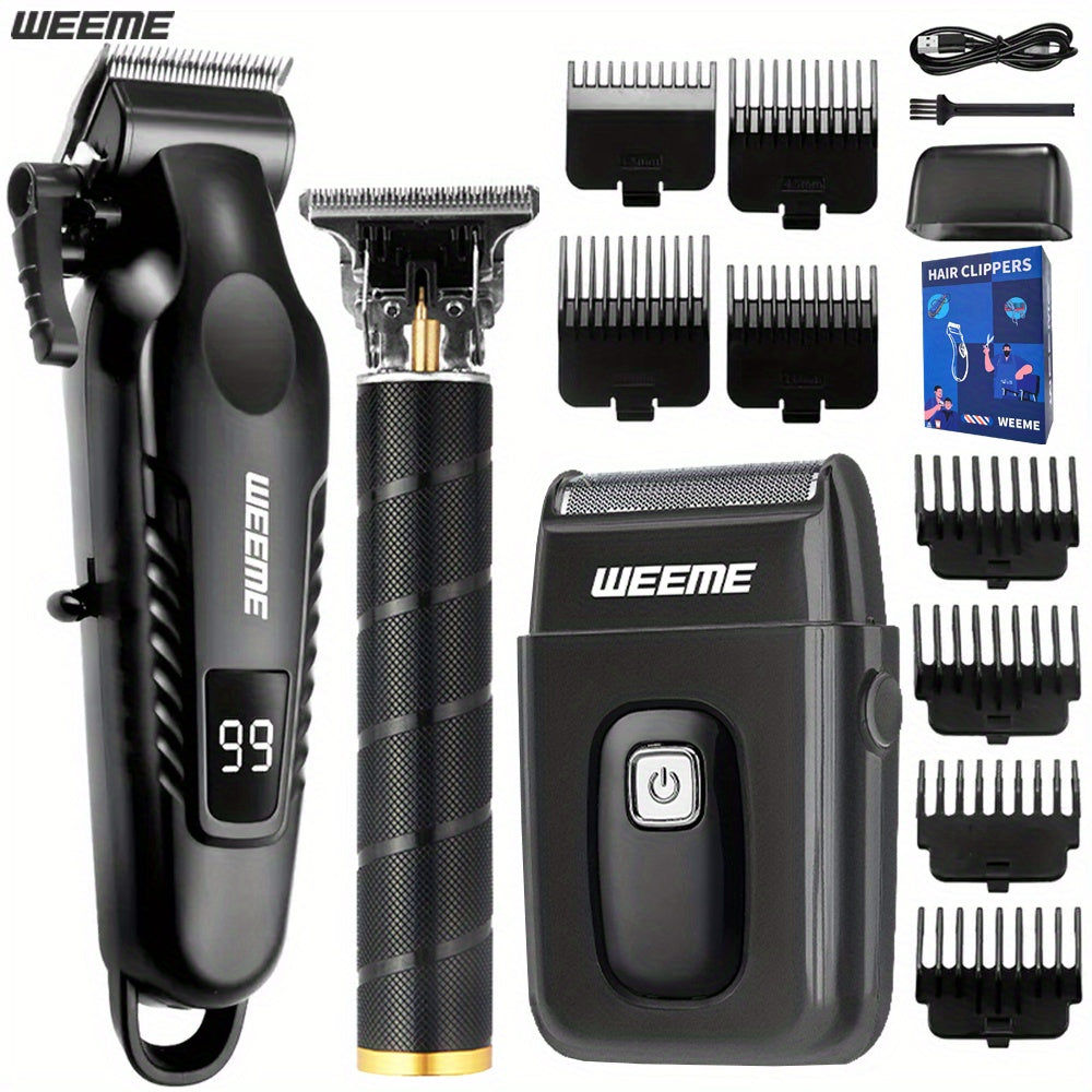 WEEME Men'S Grooming Three-Piece Set Multifunctional Electric Clipper Trimmer with Alloy Stainless Steel Blade Three-Speed Adjustment USB Fast Charging LCD Power Display Ultra-Long Battery Life Essential for Home Travel Car B