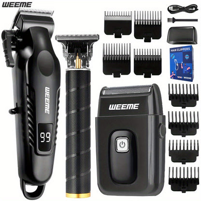 WEEME Men'S Grooming Three-Piece Set Multifunctional Electric Clipper Trimmer with Alloy Stainless Steel Blade Three-Speed Adjustment USB Fast Charging LCD Power Display Ultra-Long Battery Life Essential for Home Travel Car B