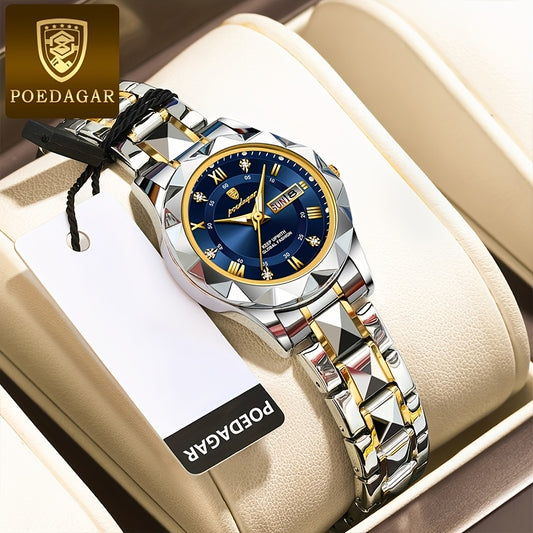 POEDAGAR 2023 New Women's Casual Quartz Watch - Stainless Steel Band, High Quality IPX7, Luminous Blue Dial with Roman Numerals, Date Display, Elegant Round Design for Casual Attire, Secure Clasp Closure