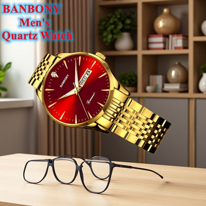 Banbony Unisex Stainless Steel Quartz Watch with Rhinestone Accents, Water-Resistant IPX7, Sleek HD Dial, Date Display, Golden-Tone Finish - Ideal for Casual Wear, Parties, and Gifts