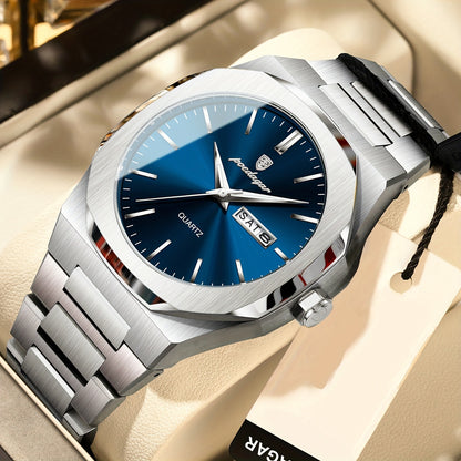 POEDAGAR Men'S Luxury Quartz Watch - Waterproof, Luminous Calendar, Stainless Steel Band, Business Style, Blue & Golden Accents, 3ATM, Non-Rechargeable Button Battery, Perfect for Spring Festival & Valentine'S Day Gifts