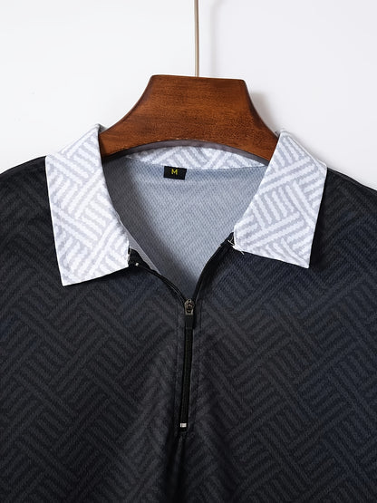 Men'S Tropical Print Casual Suit - Black Short Sleeve Zipper Shirt with White Pockets Shorts, Polyester, Machine Washable, Summer Beachwear, Summer Wear | Relaxed Fit Shirt | Woven Texture