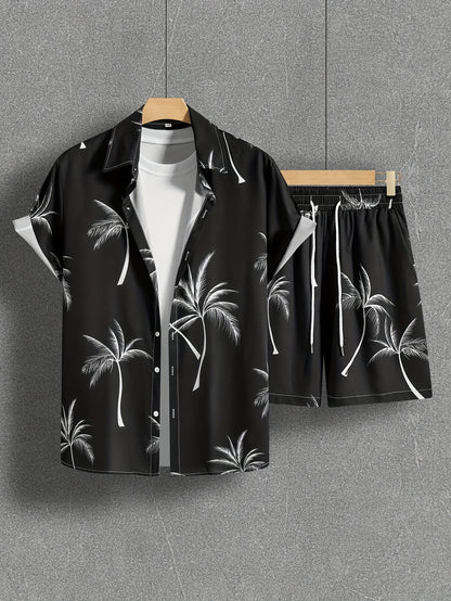 Coconut Tree Print, Men's 2Pcs Outfits, Casual Camp Collar Lapel Button Up Short Sleeve Shirts Hawaiian Shirt And Drawstring Shorts Set For Summer, Men's Clothing