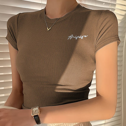 Women's Summer Slim Fit Short Sleeve T-Shirt - High Elasticity Breathable Fabric with Black Letter Embroidery, Versatile Casual & Office Wear, Elegant Collection, Cute Short Sleeve Tops, Everyday Comfort Tee, Slim Fit Tee, Sm