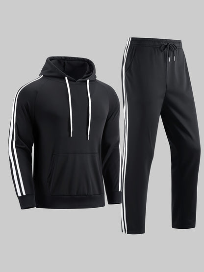 A Set of Two Men'S Casual Sports Outfits, Featuring a Striped Design with Moderately Soft Fabric, Suitable for Outdoor Running And Fitness Activities in All Seasons.