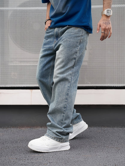 Men's Casual Straight-Leg Washed Denim Jeans - Light Blue, Loose Fit, Slant Pockets, Comfortable Blend for Casual Attire