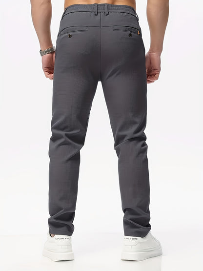 Men's Casual Solid Color Pants - Polyester, Machine Washable, Button Detail, Regular Fit for All Seasons