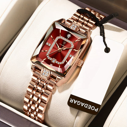 POEDAGAR Elegant Women's Quartz Watch - Rose Golden Stainless Steel, (3ATM), Square Dial with Gemstone Accents, Date Display, Luxury Fashion Accessory for Casual or Formal Occasions