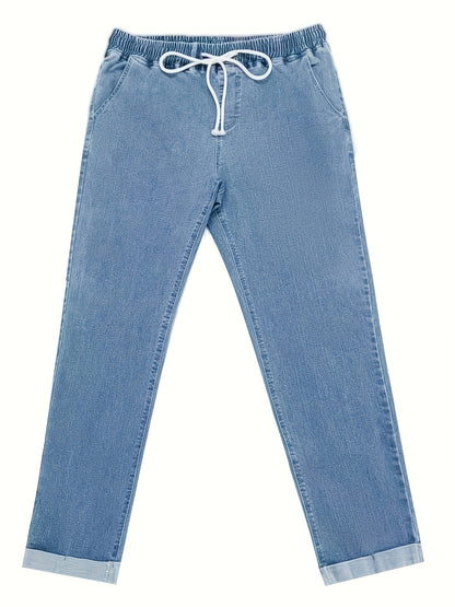 Women's Casual High-Waist Jeans with Cuffed Hem and Drawstring Waistband - Stretch Denim, Machine Washable