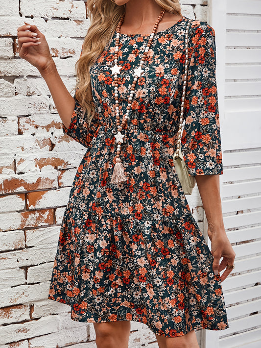 Elegant Floral Print Midi Dress for Women - Crew Neck, 3/4 Sleeve, A-Line with Ruffle Hem, Machine Washable - Perfect for Fall, for Autumn, Spring