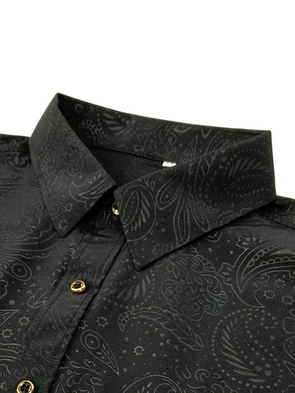 Men's Slim-Fit Black Paisley Print Long Sleeve Shirt - Stylish Button-Up with Unique Irregular Dark Pattern, Polyester, Machine Washable, All-Season Wear