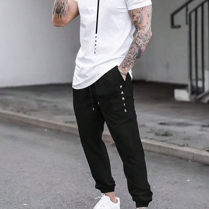 1set Men'S Casual Sportswear Set, Geometric Pattern Short Sleeve T-Shirt and Drawstring Joggers, Knitted Polyester and Elastane Blend, Round Neck, Regular Fit, Four Seasons Outfit