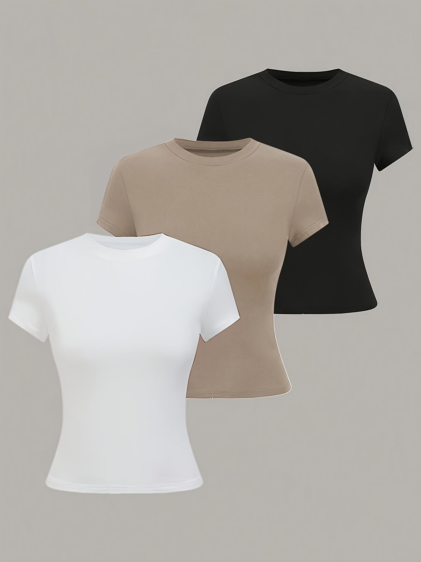 3pcs Women'S Basic Crew Neck Short Sleeve Crop T-Shirts in Black, White, and Gray - Slim Fit, Stretchy Polyester Blend, Cute & Versatile for Spring/Summer, Casual Outings, Vacation Attire | Basic Crop Top | Textur