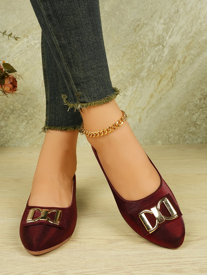 Women's Elegant Red Slip-On Flats with Golden Double Buckle Design - Comfortable Faux Cover Shoes for All Seasons, Pointed Toe Rubber Sole, Perfect for Casual or Dressy Occasions, Dressy Flats | Buckle Embellished Shoes | Lux
