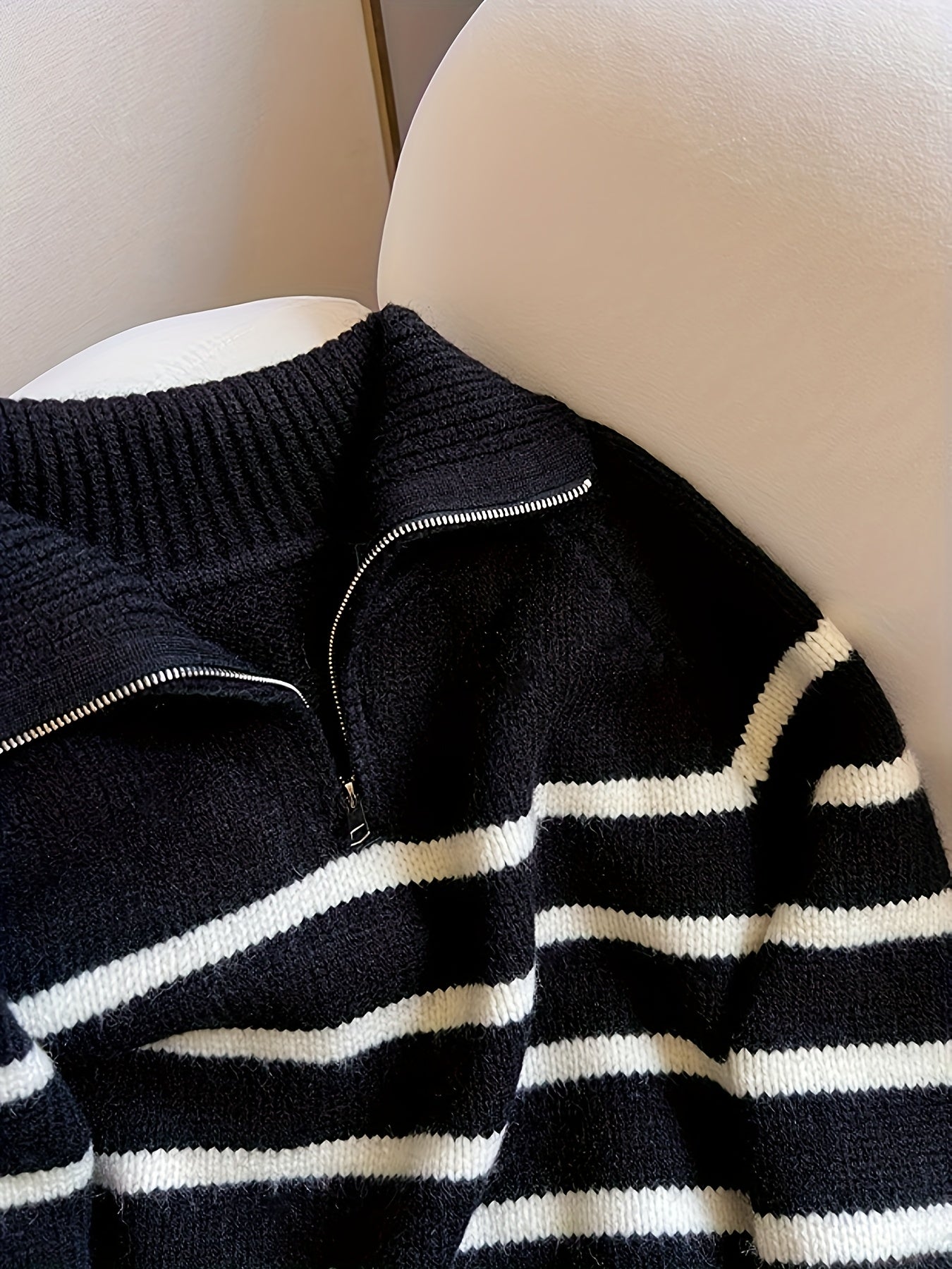 Striped Color Block Collared Sweater for Women Autumn Winter New Arrival Thick Half Zip Loose Soft Knit Top
