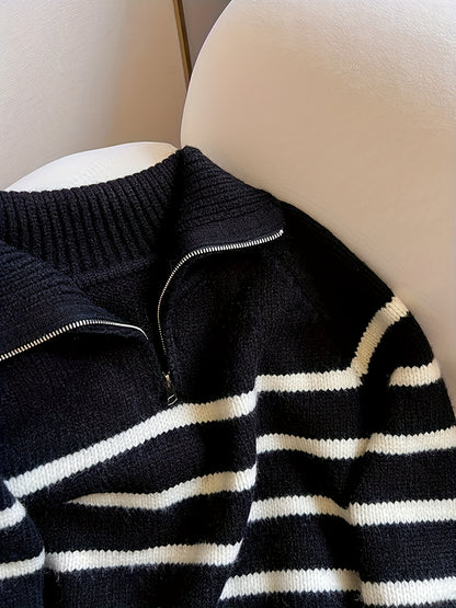 Striped Color Block Collared Sweater for Women Autumn Winter New Arrival Thick Half Zip Loose Soft Knit Top