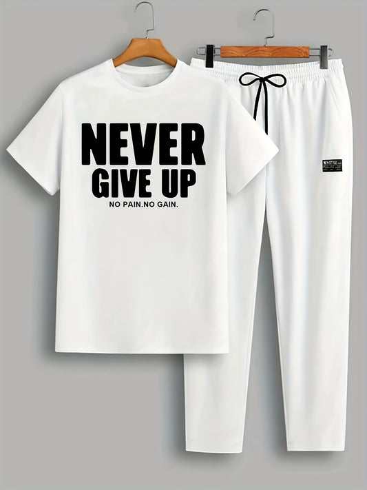 Men'S 2pcs Summer Never Give Up Casual T-Shirt & Jogger Set - Navy Blue with Inspirational Quote, Drawstring Waist, and Pockets - Perfect for Casual Outings and Sports, Jogging Pants