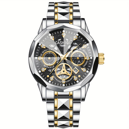 CASHIQI Brand Men'S Steel Strap Quartz Watch with Rhombus Dial, Sparkling Decoration, Calendar, And Luminous Display, IPX7 Waterproof Hollow Quartz Watch for Business, Travel, And Casual Wear - A Perfect Gift Choice.