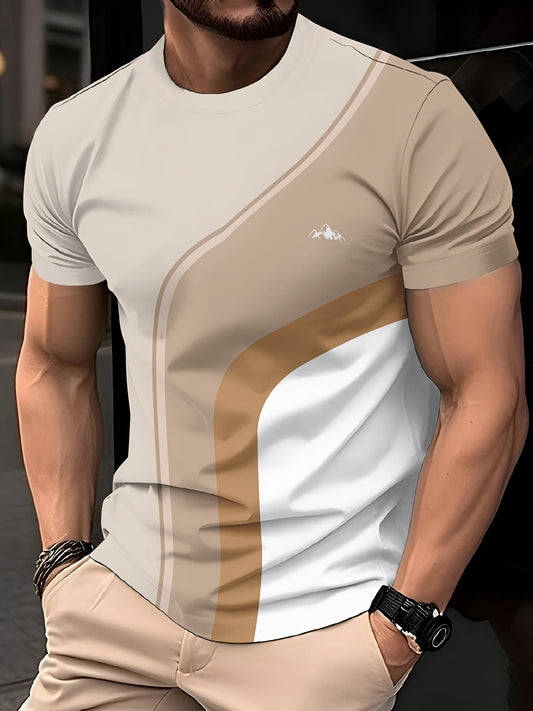 Men'S Beige Geometric Print T-Shirt - Casual Crew Neck, Slight Stretch Fabric, Modern Design with Striking Patterns, Everyday Tshirt | Modern Tshirt | Comfortable Fit