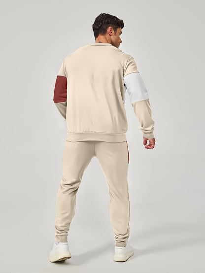 Men's Casual Crew Neck Sweatshirt & Joggers Set - Color Block, Polyester Blend, Machine Washable - Perfect for Spring/Fall, Leisure Style, Conventional Version, Spring/Autumn