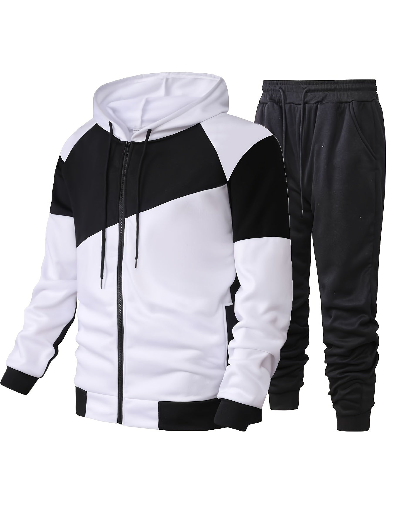 Elson OBM Men's Autumn and Winter Sportswear Set, Men's Color Block Long Sleeve Hooded Zip-Up Jacket with Solid Drawstring Joggers Outdoor and Sports Outfit... Top Bottoms Set