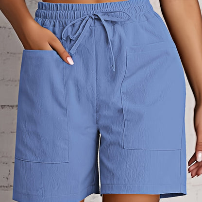 Women's Beige Cargo Shorts - Casual & Stylish, Solid Color with Drawstring Waist and Pockets, Polyester Blend, Machine Washable, All-Season Comfort