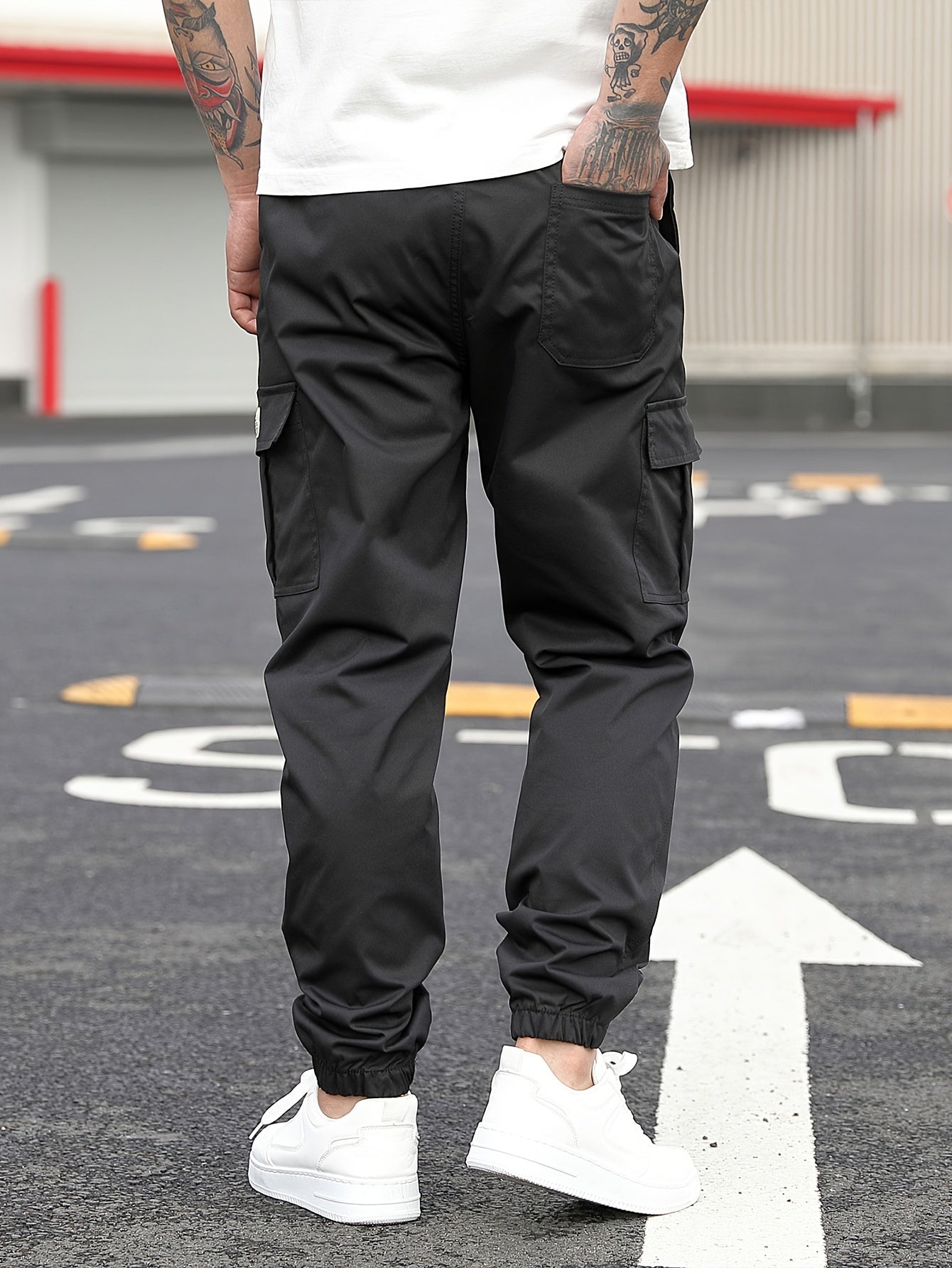 1pc Men'S Casual Polyester Cargo Pants - Mid Waist Elastic Joggers with Multiple Pockets, Non-Stretch Solid Color, Regular Fit for Weekend Wear - Spring/Fall Fashion Trousers