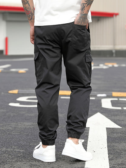 1pc Men'S Casual Polyester Cargo Pants - Mid Waist Elastic Joggers with Multiple Pockets, Non-Stretch Solid Color, Regular Fit for Weekend Wear - Spring/Fall Fashion Trousers