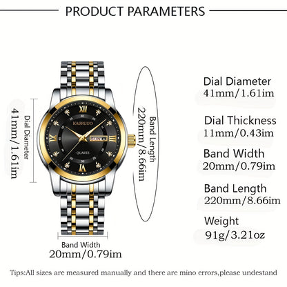 1pc KASRLUO Men'S Business Sports Watch - Stainless Steel Band, Double Date Display, Quartz Movement, Round Alloy Case, Electronic Drive, Calendar Feature, Ideal Gift for Men, KASRLUO