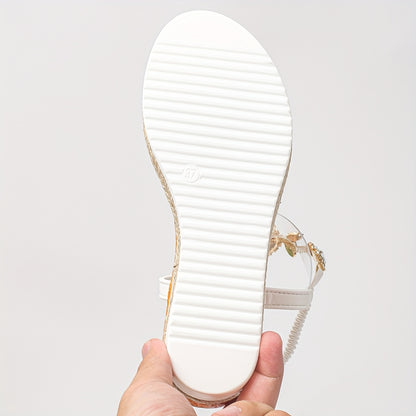 Women'S Fashion Wedge Sandals with Rhinestone Embellishments - Open-Toe Platform Heel, Green & White Design, Comfortable Microfiber Upper & Rubber Sole for All-Season Wear, High Heel Sandals, Summer Footwear, Decorative Ankle