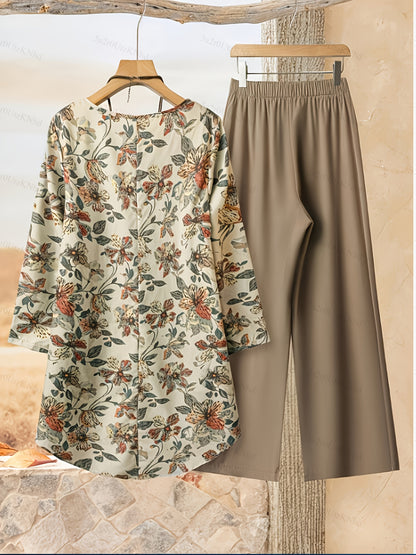 Elegant Floral Print Blouse & High-Waisted Pants Set - Chic Long Sleeve Top with Ruffled Hem, Button Details & Lace Trim, Beige Wide-Leg Pants for Women - Perfect for Spring/Summer, Floral Print Blouse