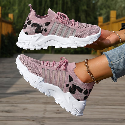 Women's Fashion Leopard Print Lace-Up Sneakers, Breathable Mesh Walking Shoes for Spring/Summer, Lightweight Comfortable Casual Sports Control Footwear with PVC Sole and Microfiber Insole